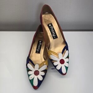 Vintage Y2K Womens Heels Shoes 8M Leather Floral Pointed Toe Unique Statement